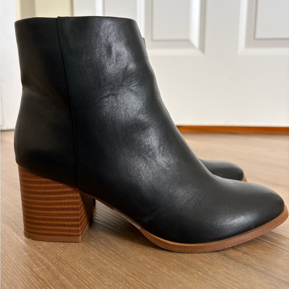 J. Crew Black Heeled Boots with Brown Block Heel